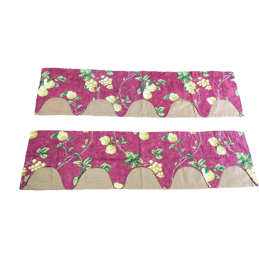 Waverly Mistral Valances Red Scalloped 13 x 53 Gingham Grapes Fruit SET OF 2 Vtg